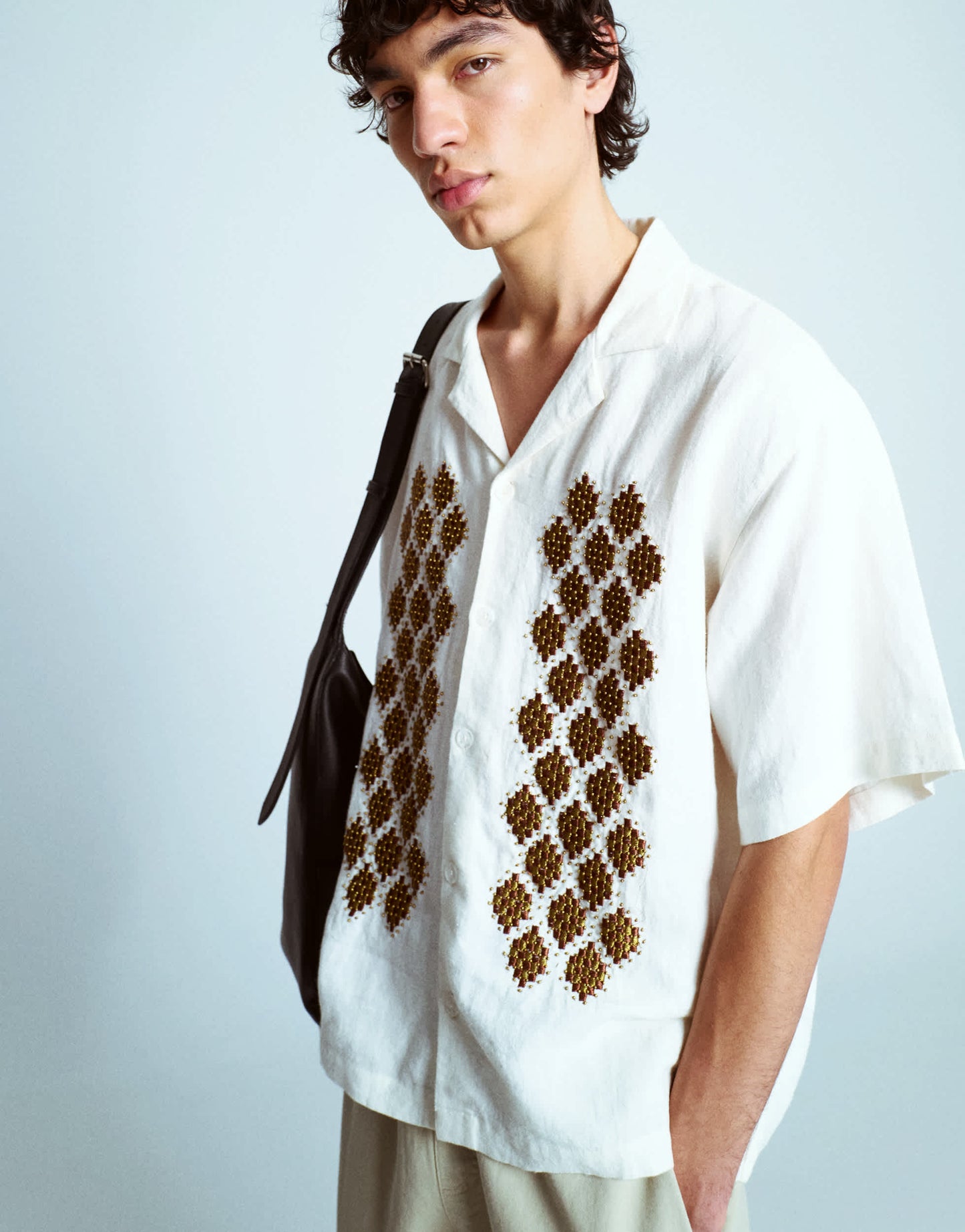 Topman premium beaded crochet shirt in ecru