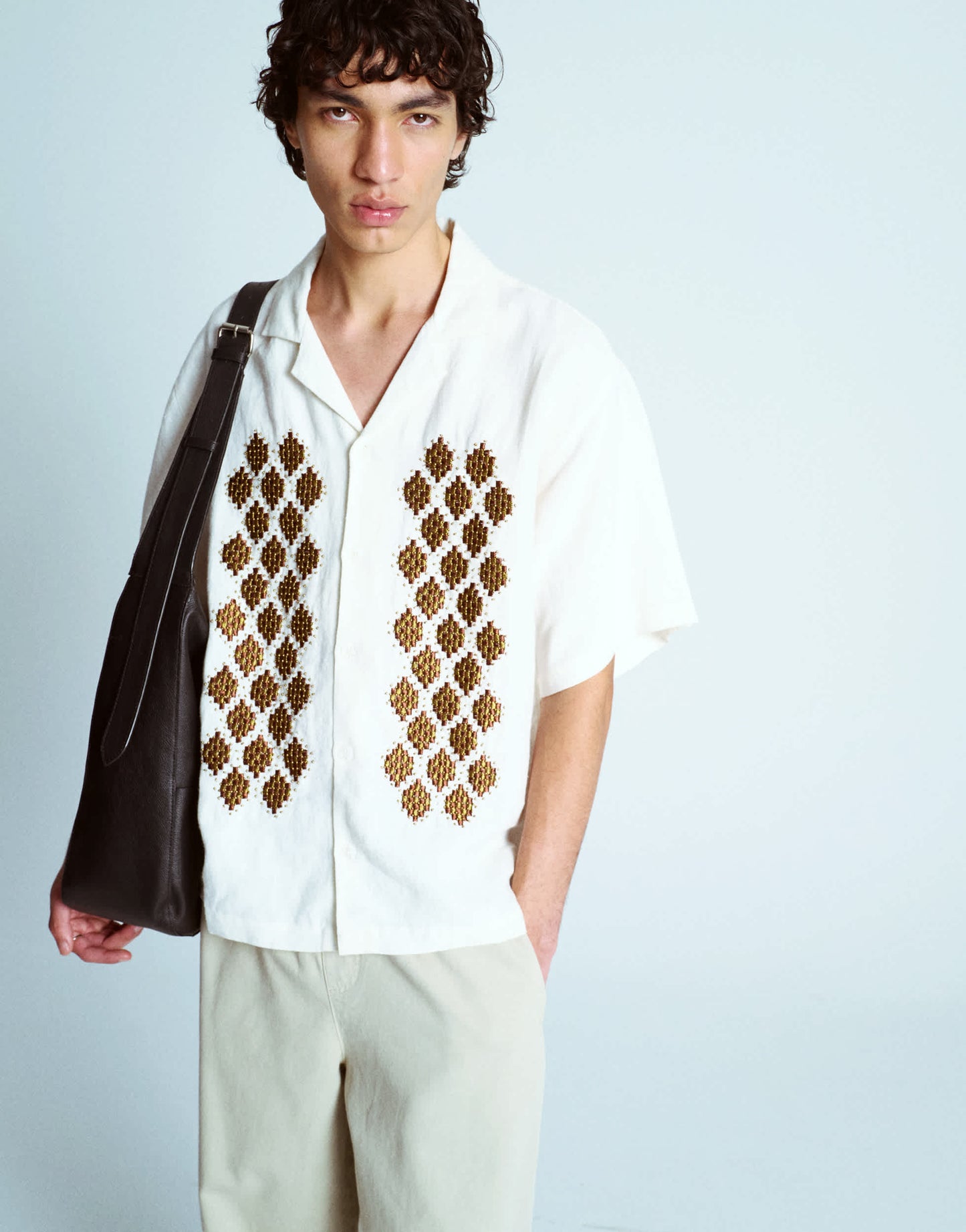 Topman premium beaded crochet shirt in ecru