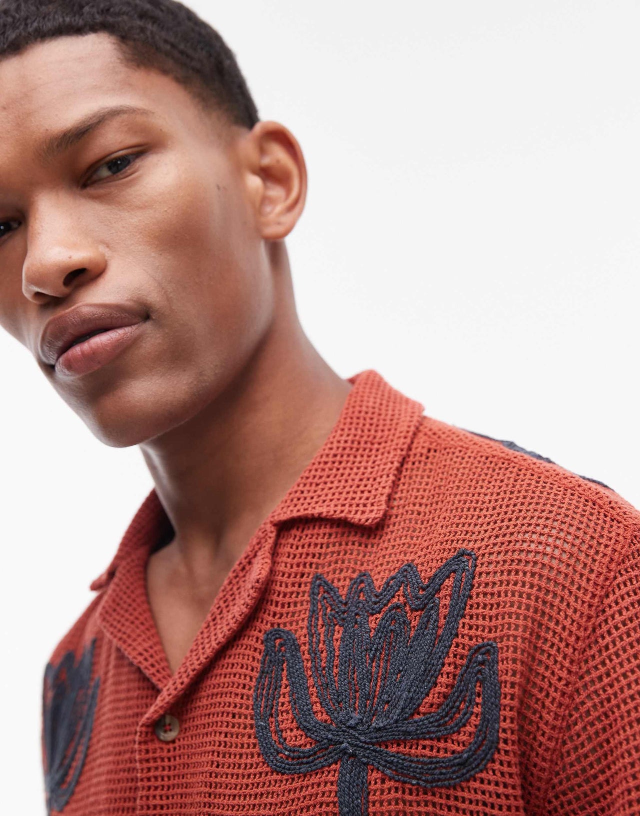 Topman short sleeve crochet roped floral shirt in rust