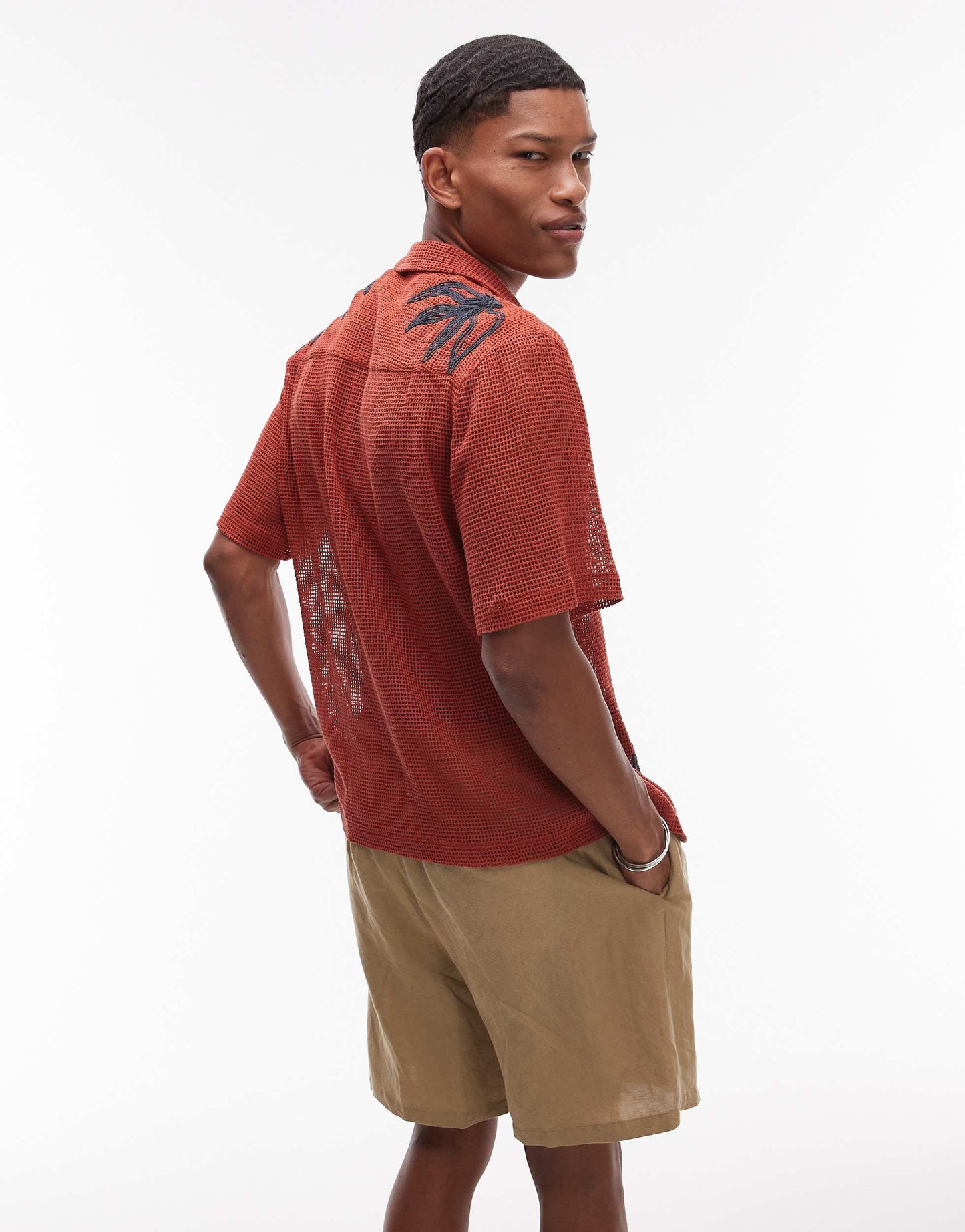 Topman short sleeve crochet roped floral shirt in rust