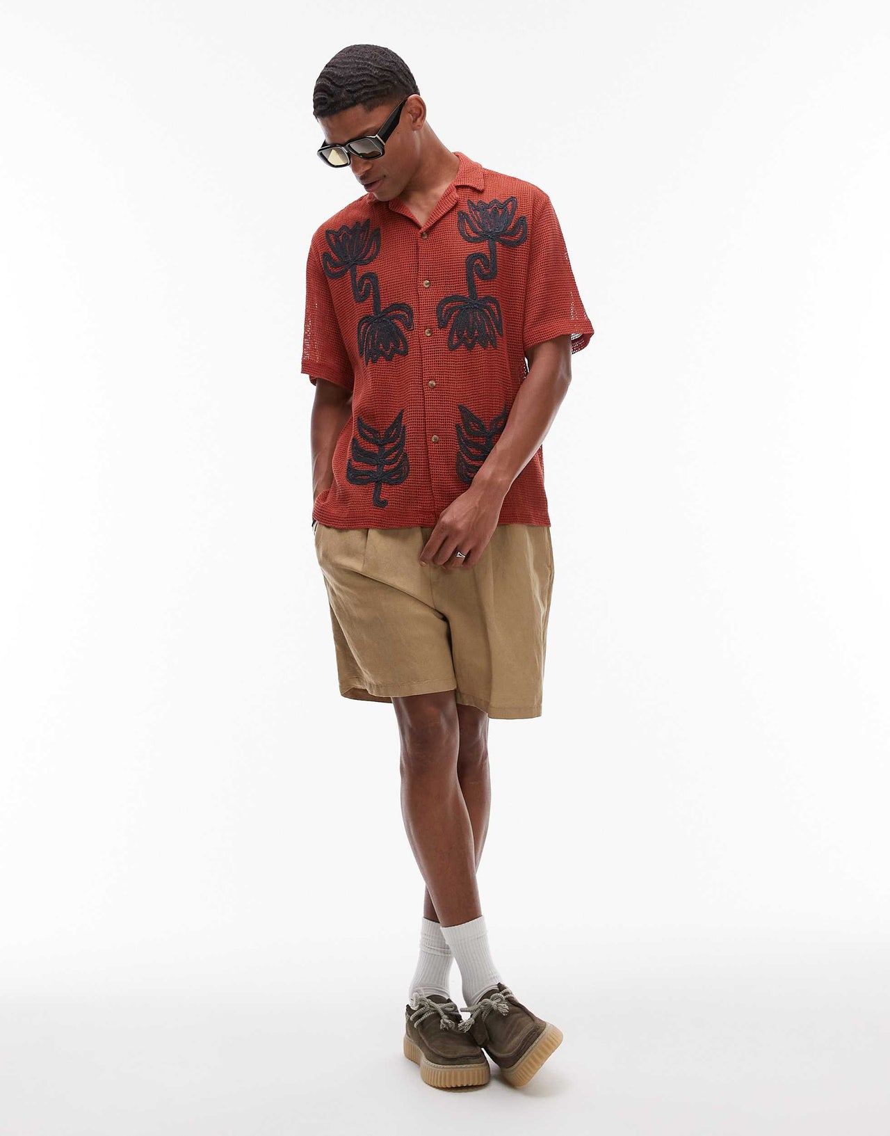 Topman short sleeve crochet roped floral shirt in rust