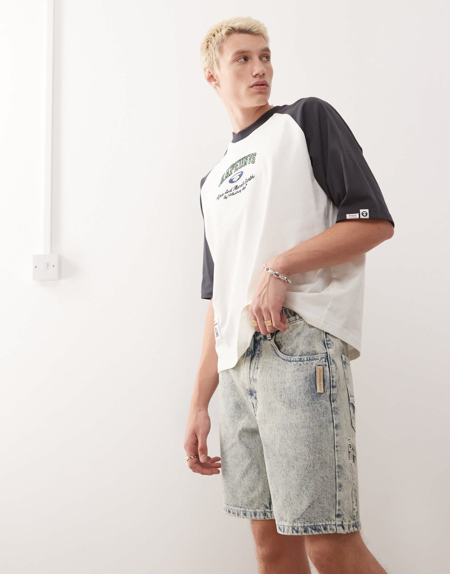 Aape by A Bathing Ape logo denim shorts in light wash
