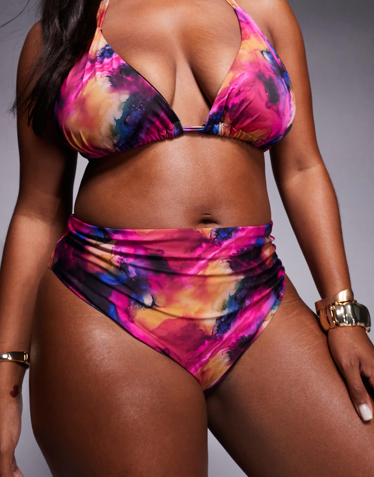 ASOS DESIGN Curve Arina high leg high waist bikini bottom in pink abstract print