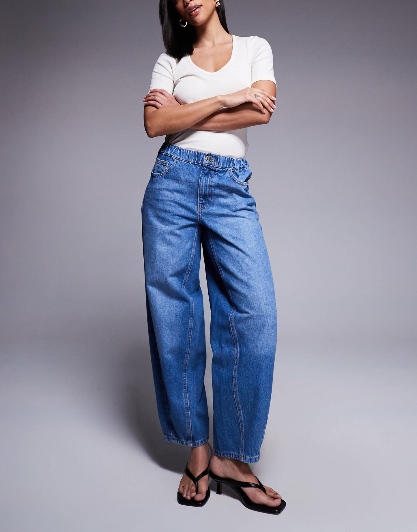 River Island elasticated barrel jeans in midwash blue