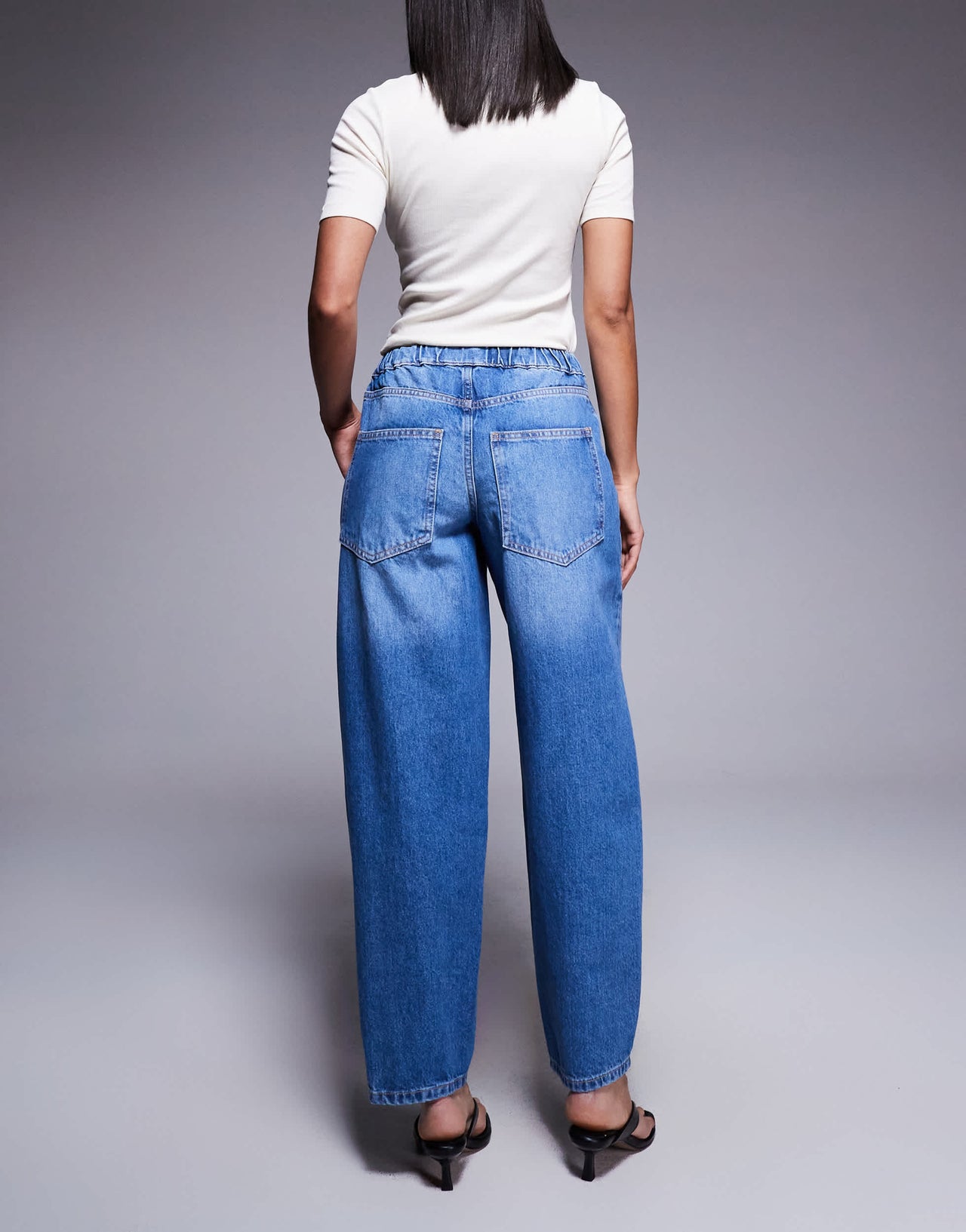 River Island elasticated barrel jeans in midwash blue