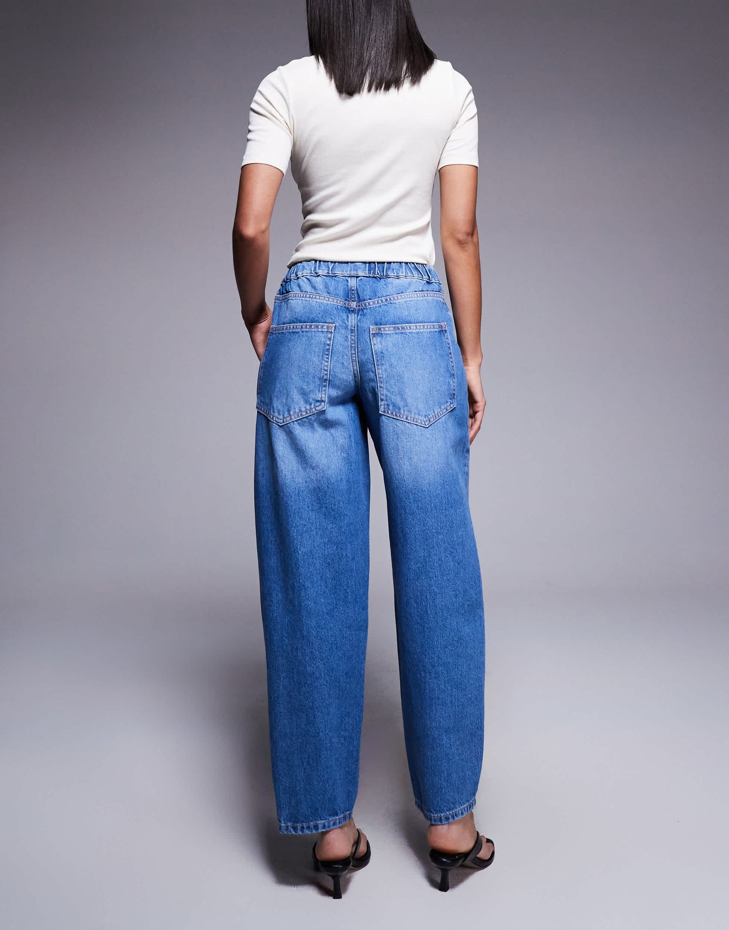 River Island elasticated barrel jeans in midwash blue