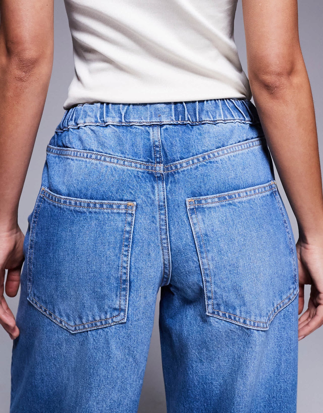 River Island elasticated barrel jeans in midwash blue