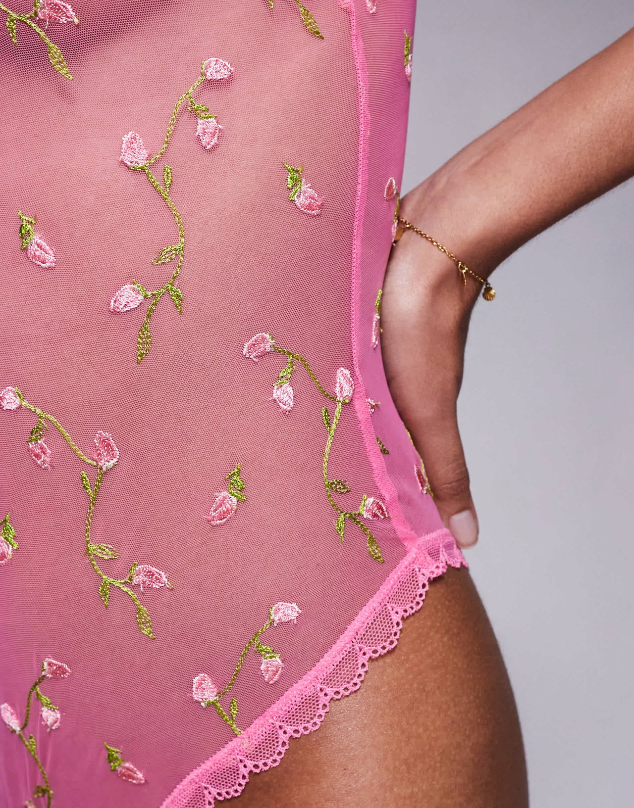 River Island embroidered floral bodysuit in mid pink