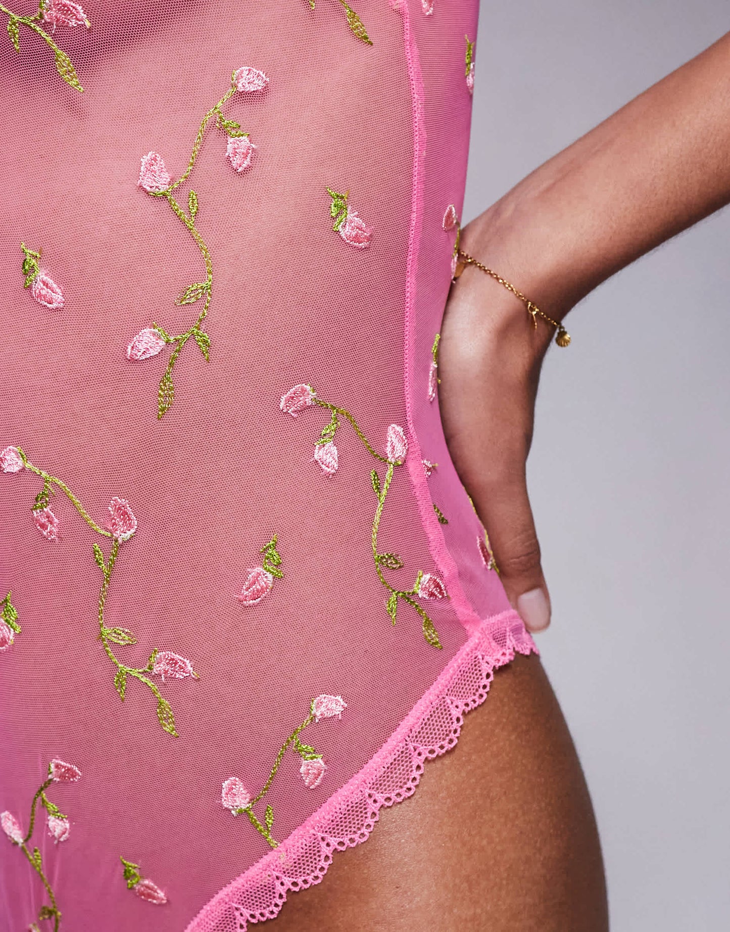 River Island embroidered floral bodysuit in mid pink