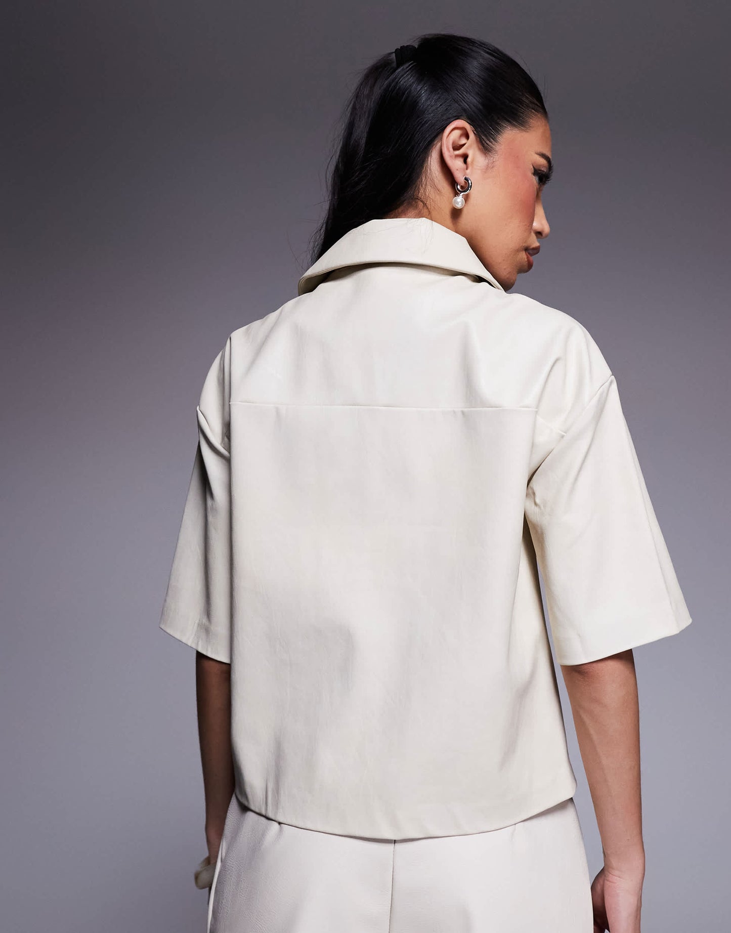 River Island faux leather short sleeve shirt in cream