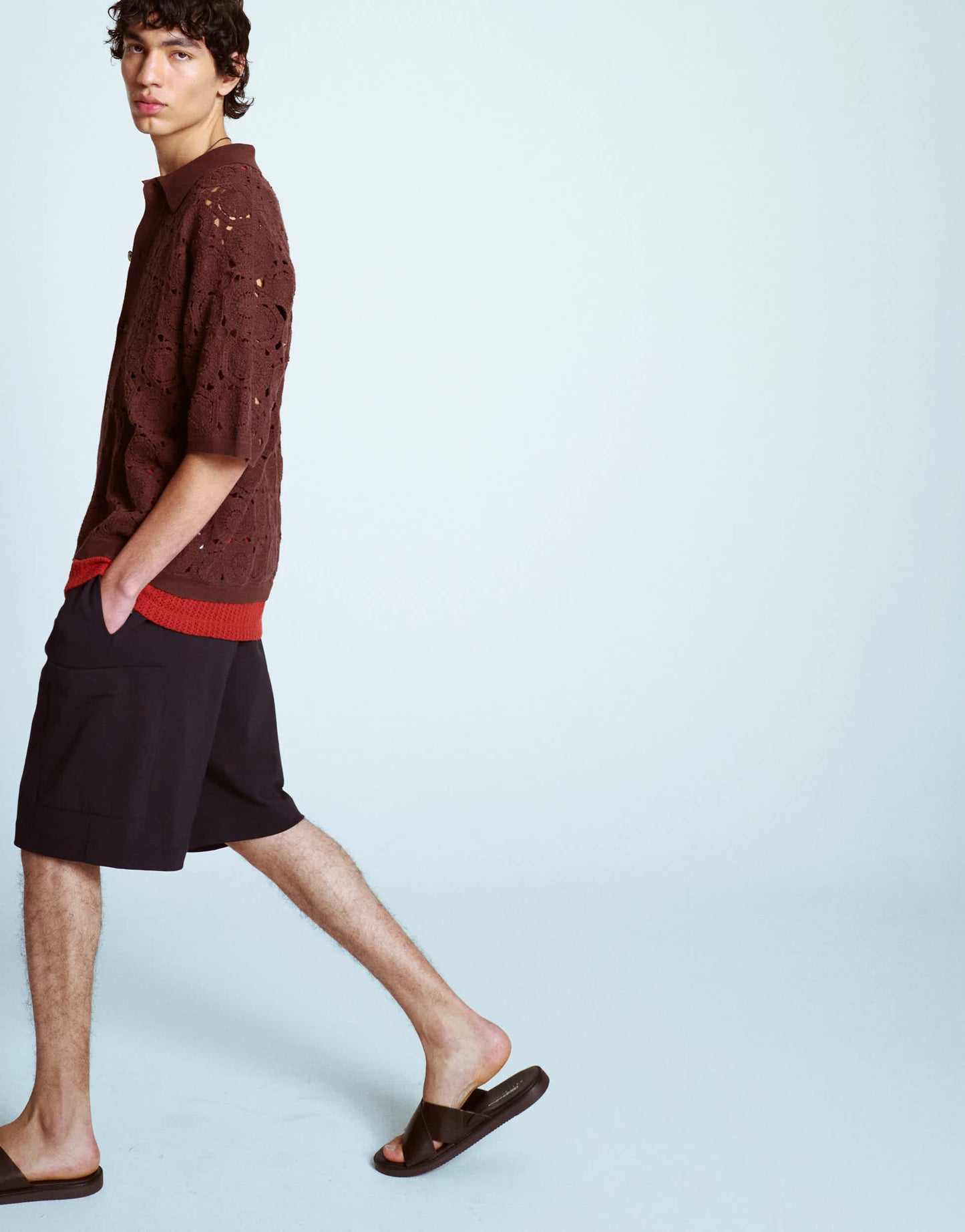 Topman relaxed floral crochet shirt in brown