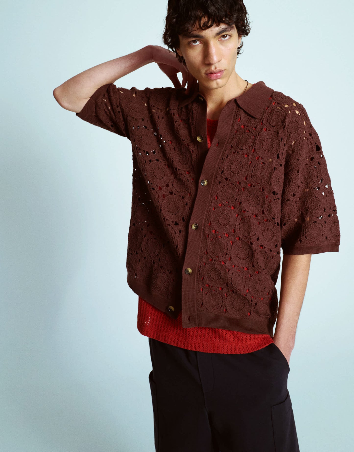 Topman relaxed floral crochet shirt in brown