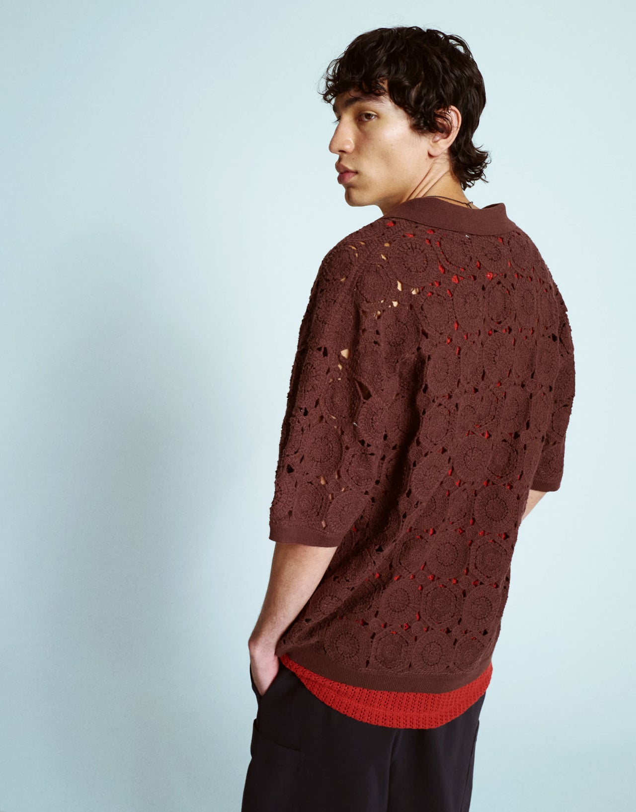 Topman relaxed floral crochet shirt in brown
