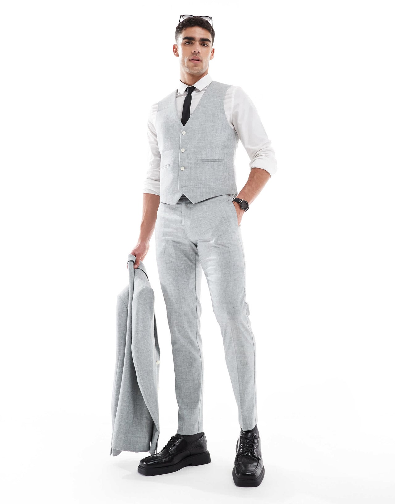 ASOS DESIGN wedding skinny suit trousers in light grey melange texture