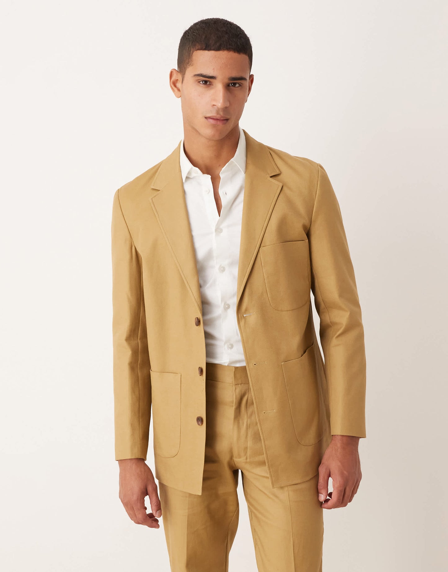 ASOS DESIGN cotton linen blend regular suit jacket in camel twill