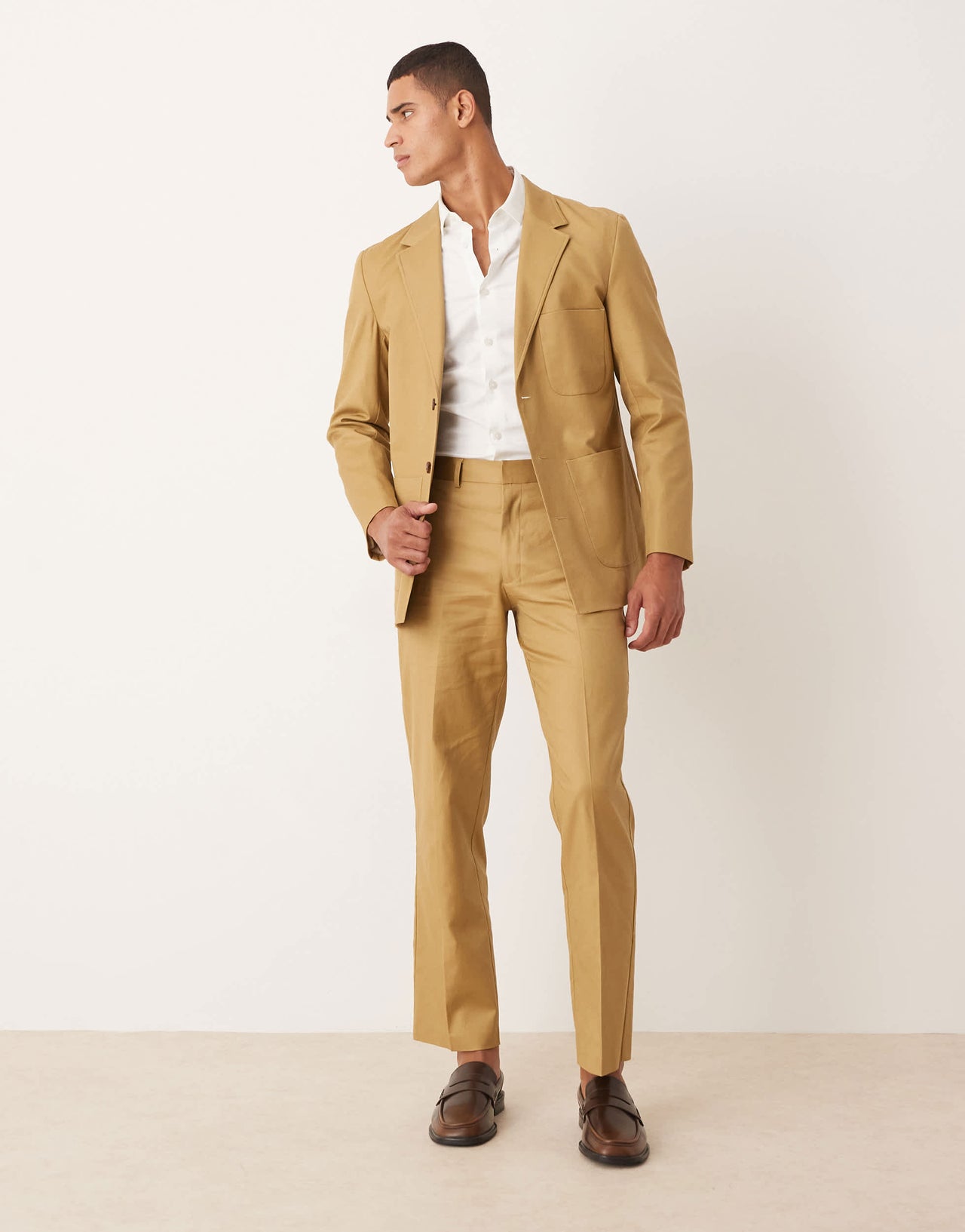 ASOS DESIGN cotton linen blend regular suit jacket in camel twill