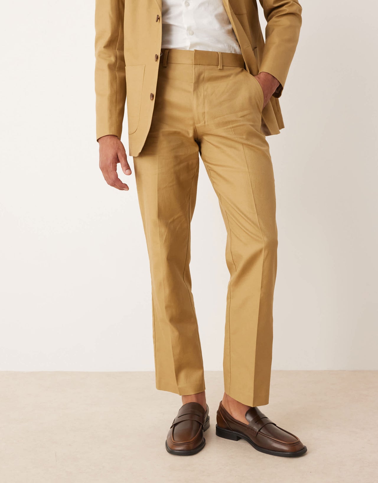 ASOS DESIGN cotton linen blend straight leg suit trousers in camel twill