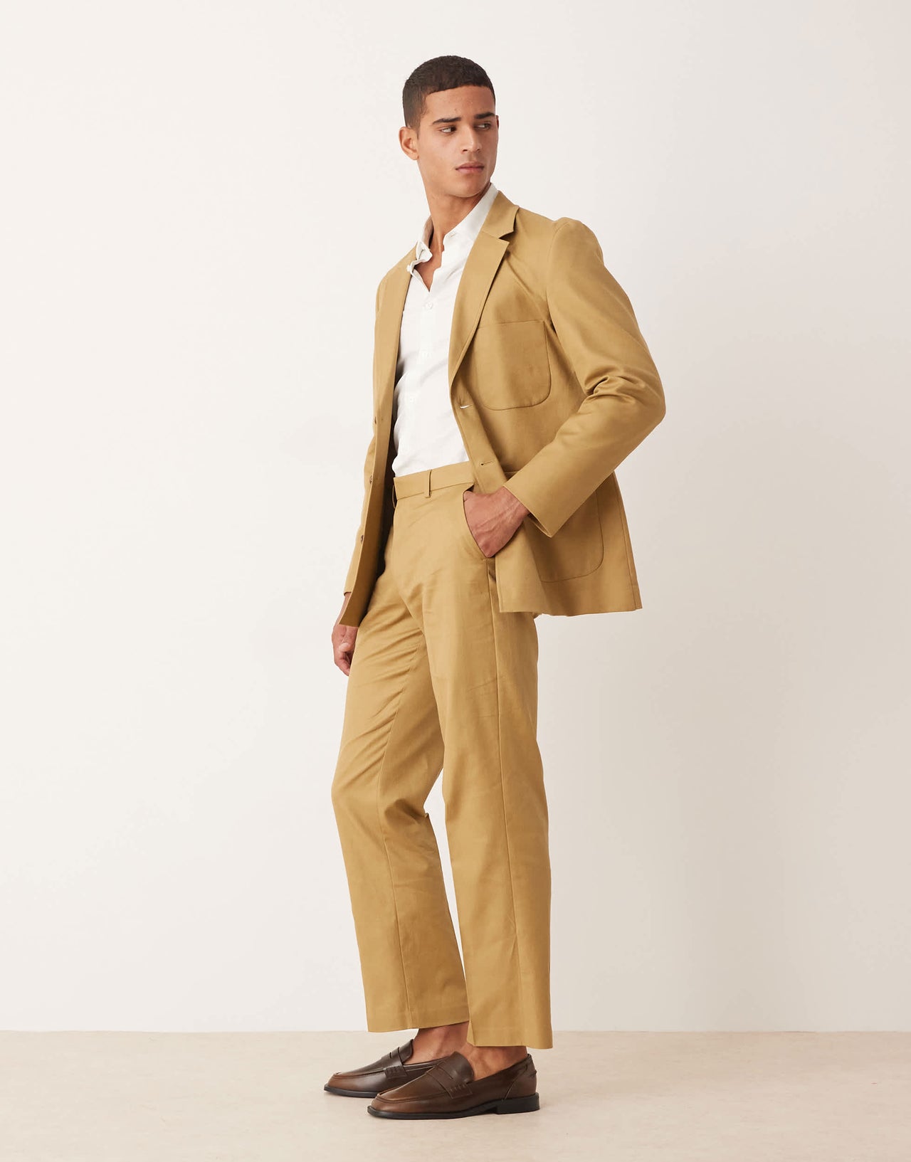 ASOS DESIGN cotton linen blend straight leg suit trousers in camel twill