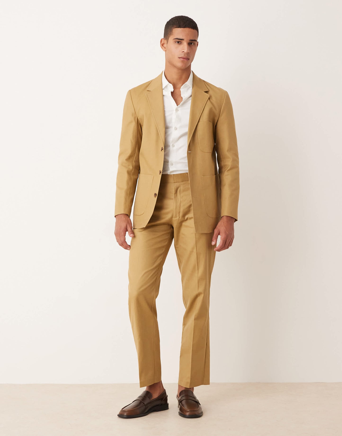 ASOS DESIGN cotton linen blend straight leg suit trousers in camel twill
