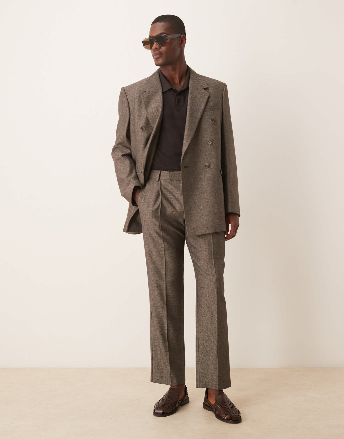 ASOS DESIGN wool look straight leg suit trousers in brown herringbone