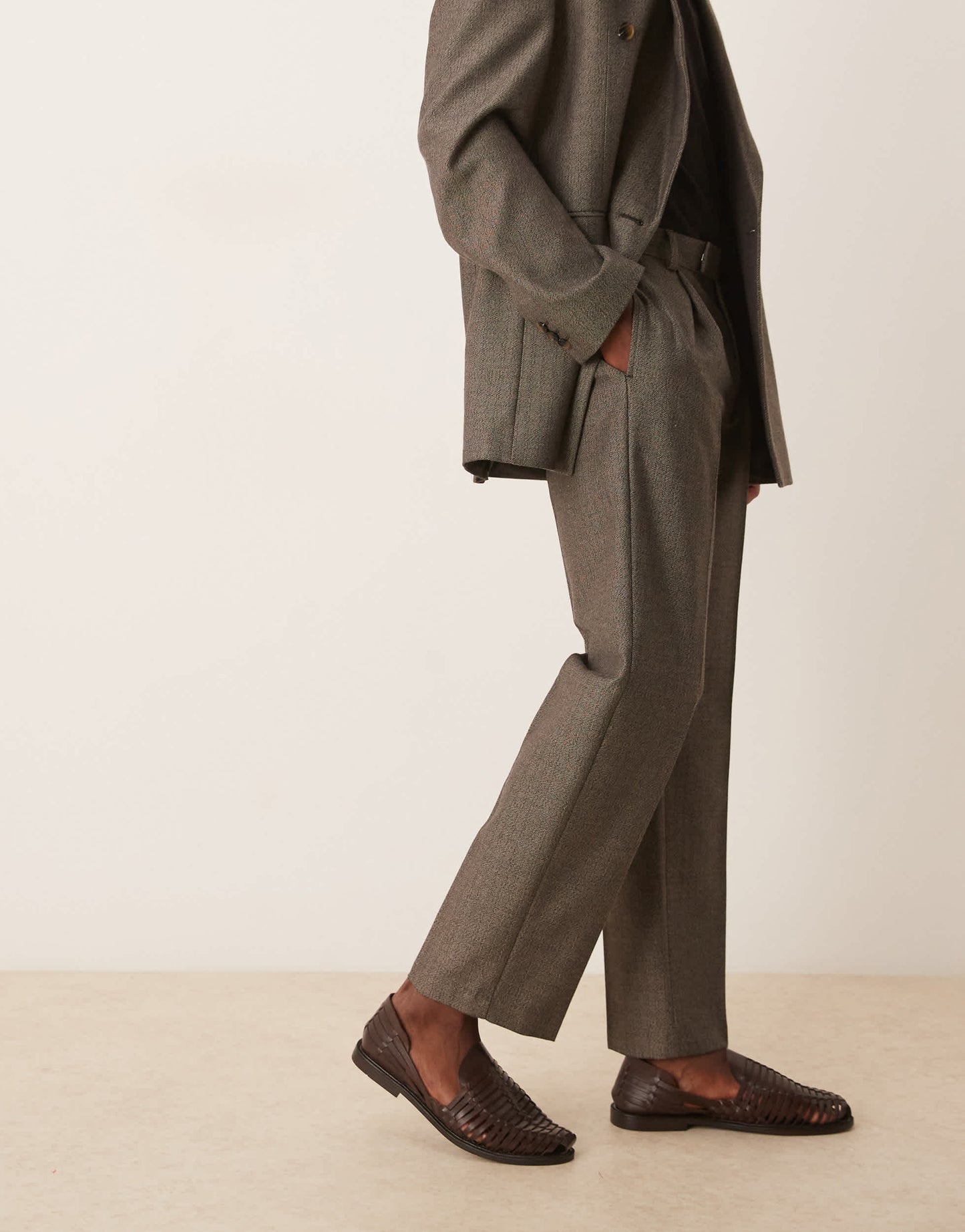 ASOS DESIGN wool look straight leg suit trousers in brown herringbone