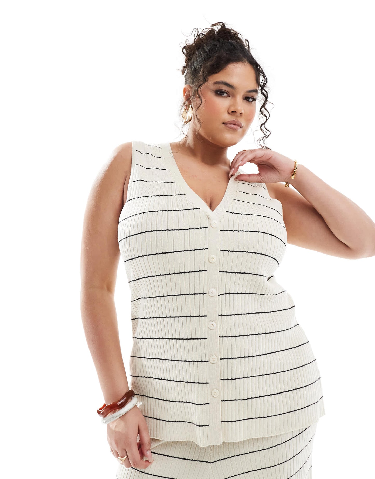Pretty Lavish Curve stripe knit waistcoat co-ord in cream & black