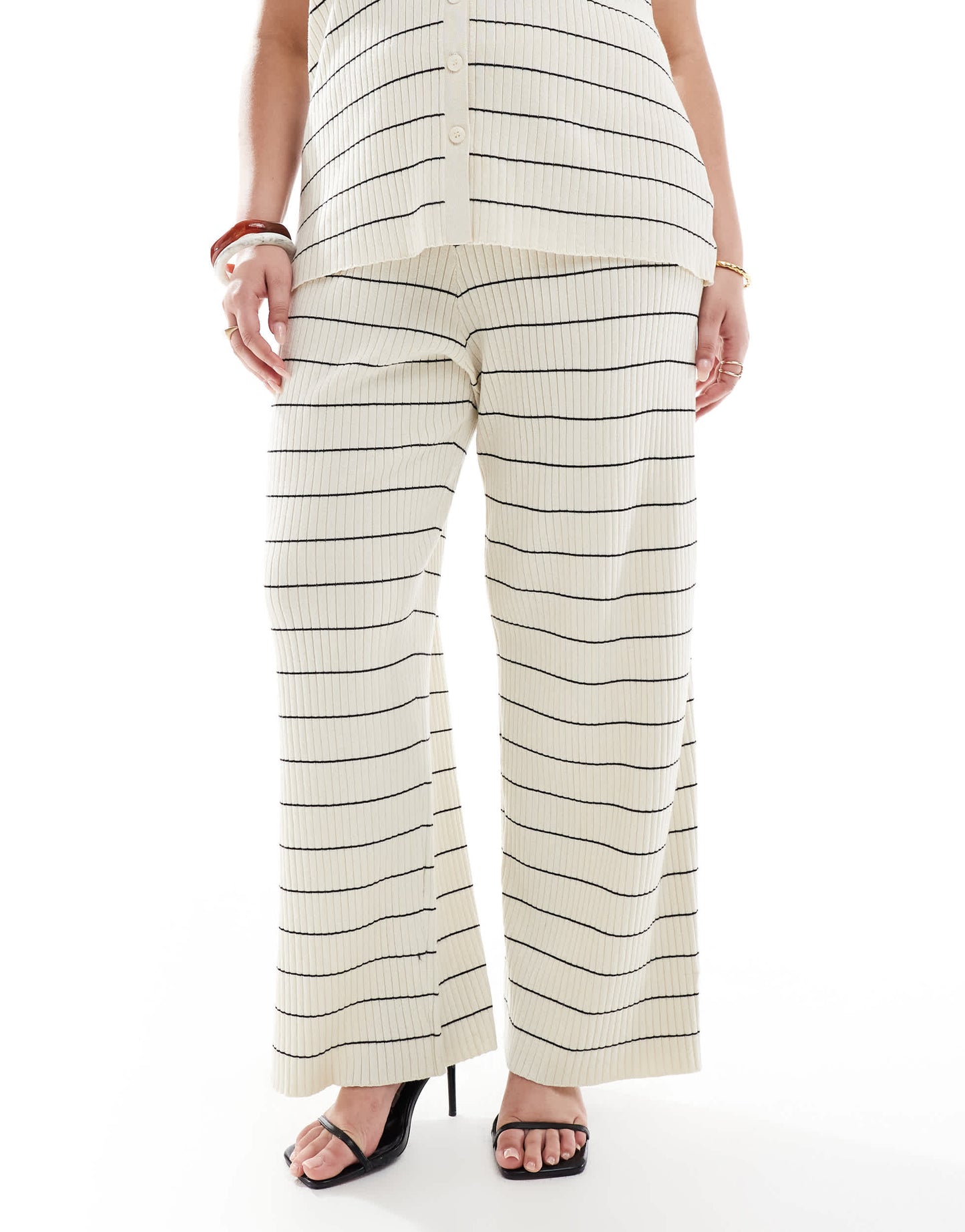 Pretty Lavish Curve stripe knit trouser co-ord in cream & black