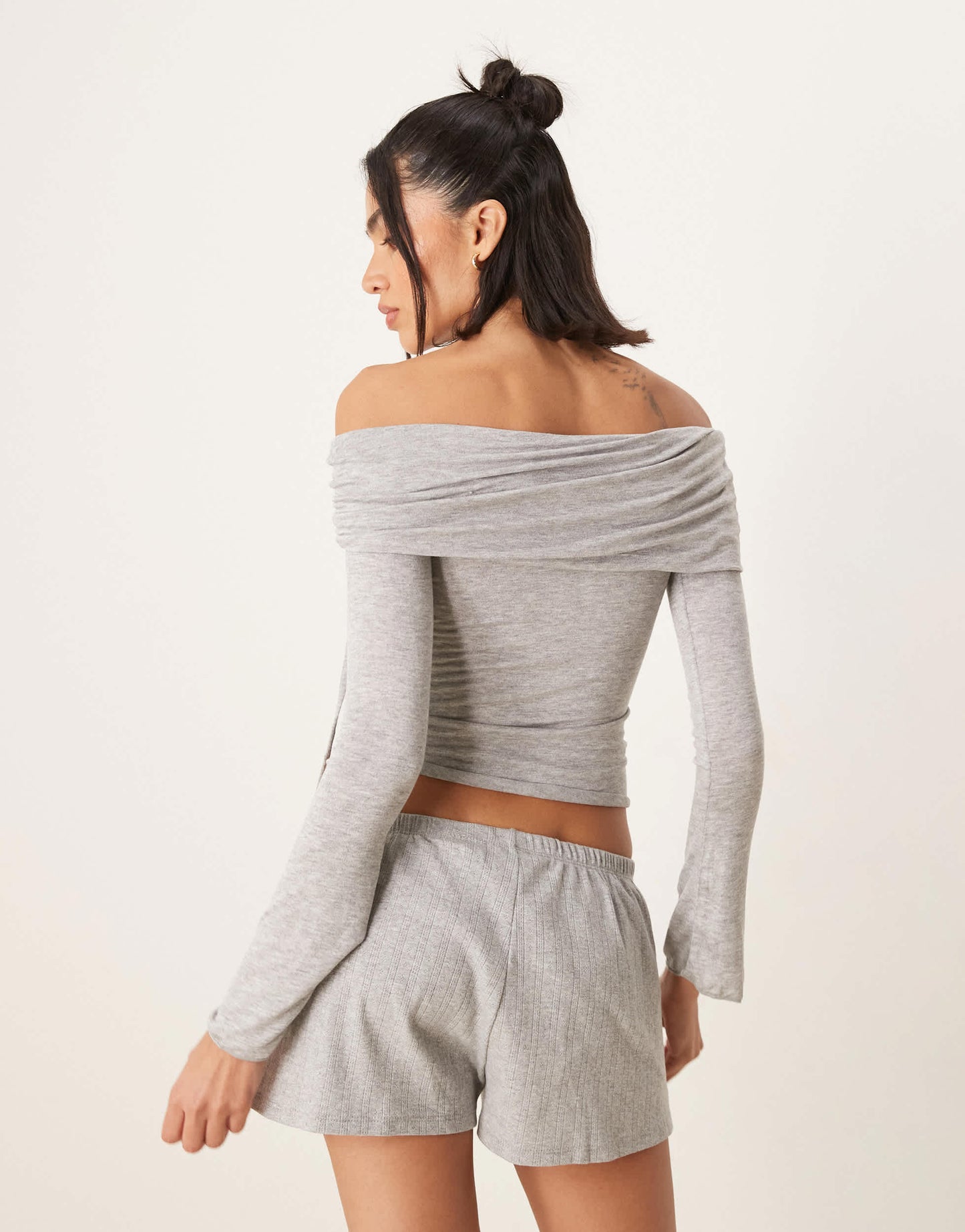 Gina Tricot off shoulder top with ruche channel detail and fluted sleeves in light grey melange