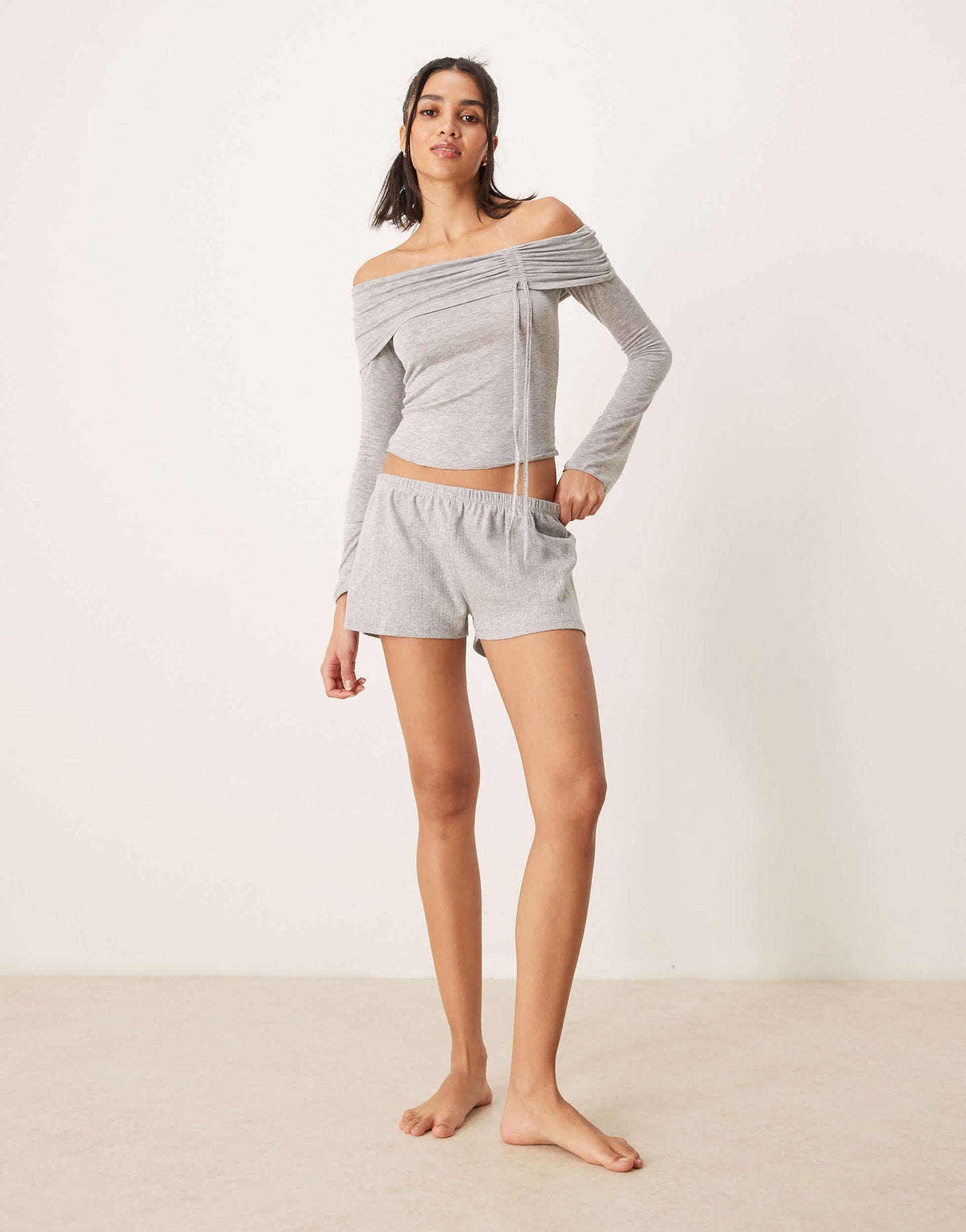 Gina Tricot off shoulder top with ruche channel detail and fluted sleeves in light grey melange