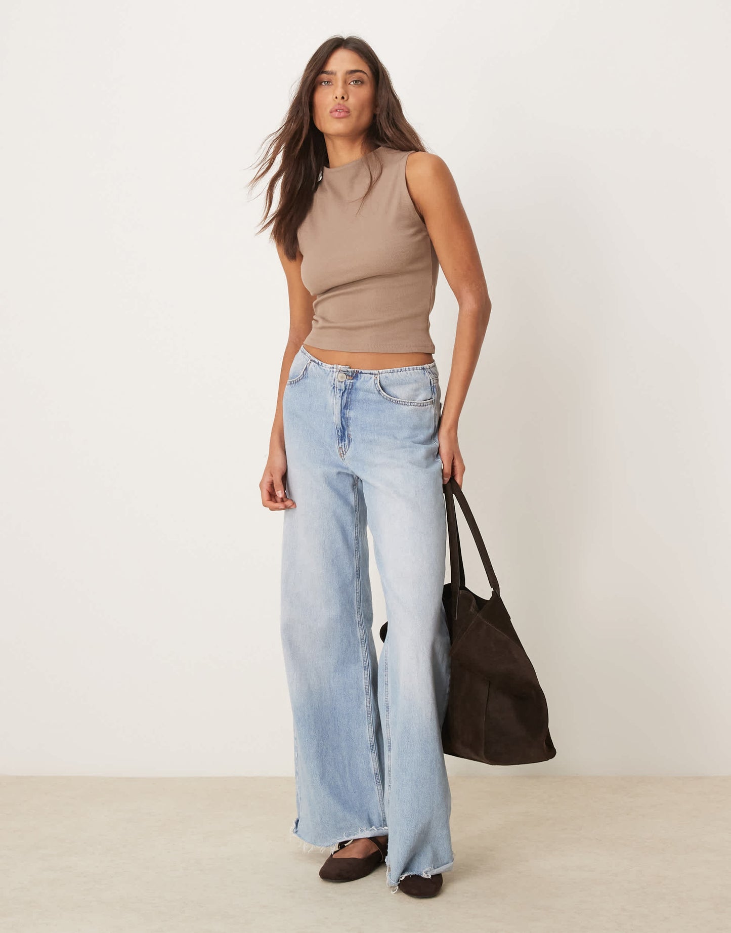 Gina Tricot jersey sleeveless funnel neck top in light brown