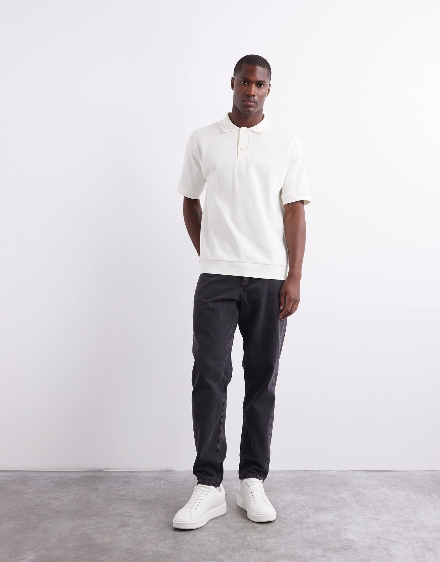 ARKET textured jersey short sleeve polo shirt in white
