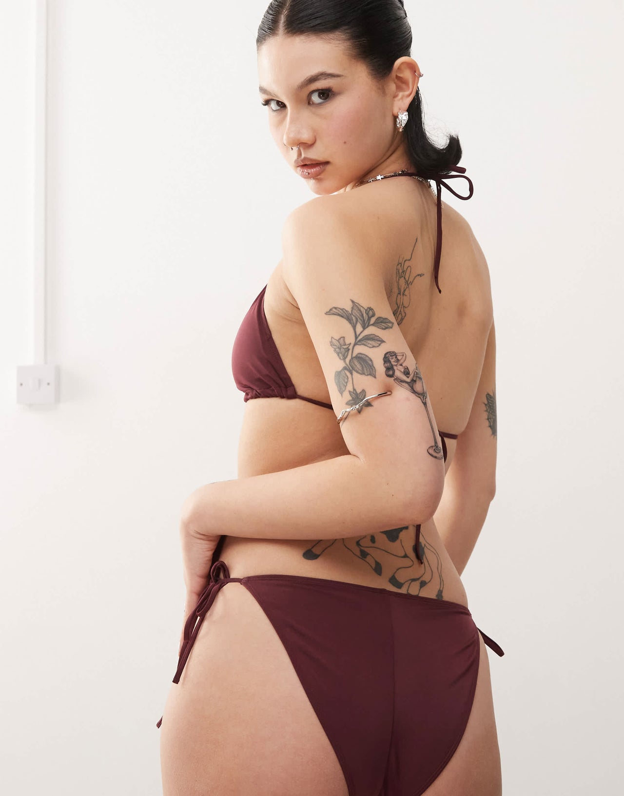 Monki mix and match tie side bikini bottom in burgundy