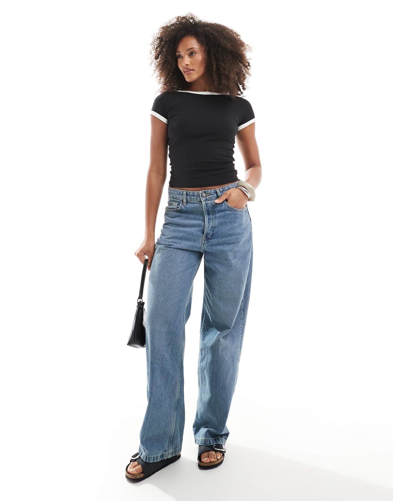Monki baby tee with low back in black with white tipping