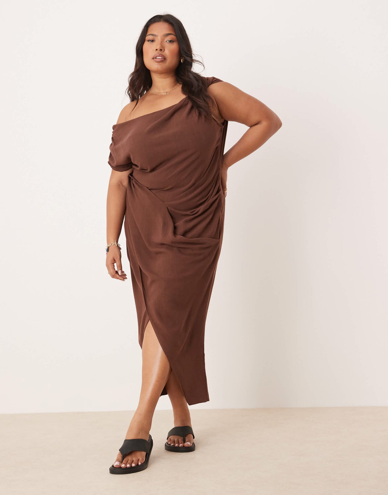 ASOS DESIGN Curve linen fallen twist shoulder wrap skirt detail midi dress in chocolate brown