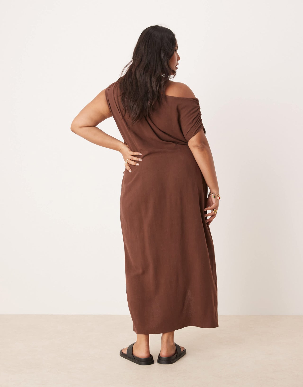 ASOS DESIGN Curve linen fallen twist shoulder wrap skirt detail midi dress in chocolate brown
