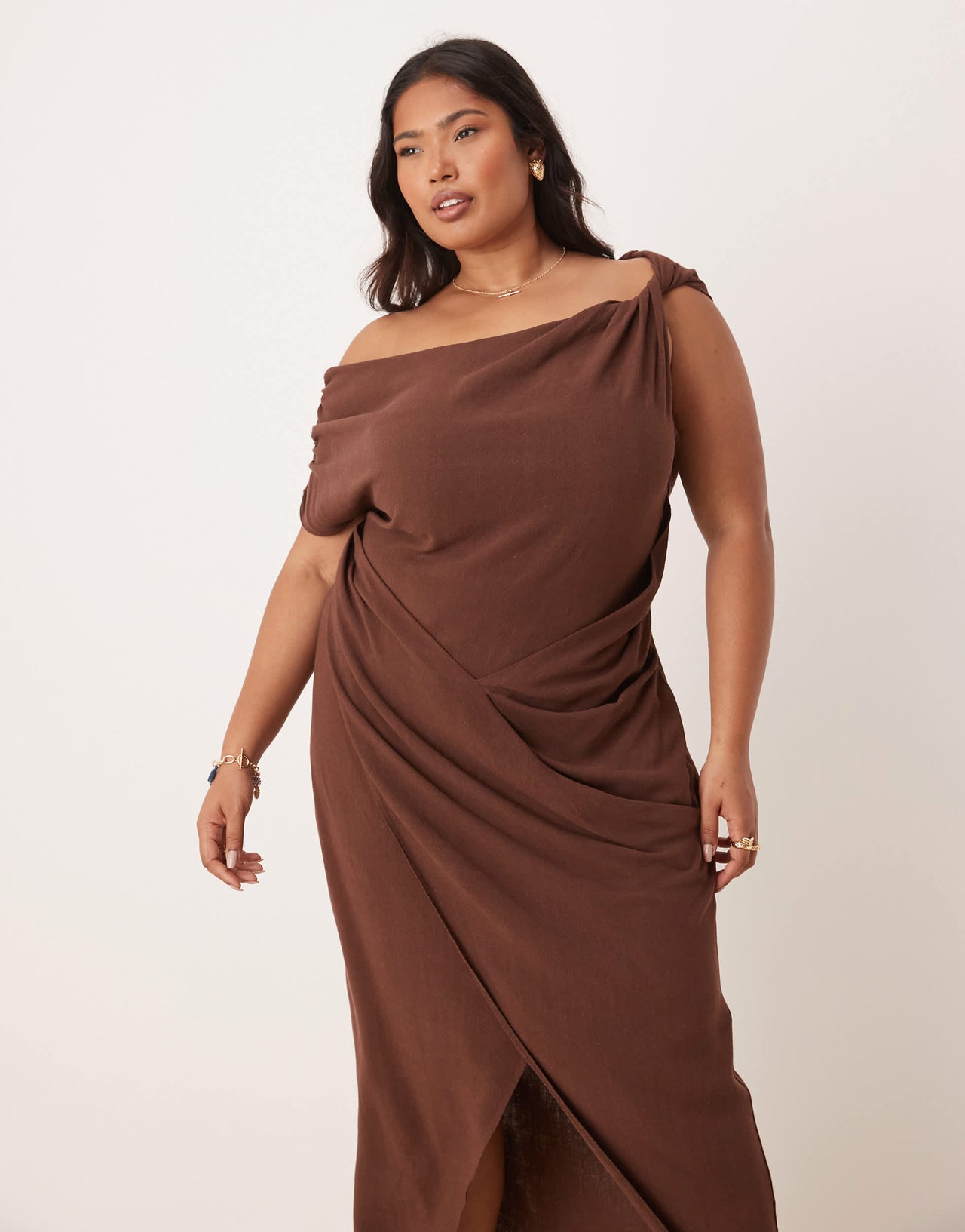ASOS DESIGN Curve linen fallen twist shoulder wrap skirt detail midi dress in chocolate brown