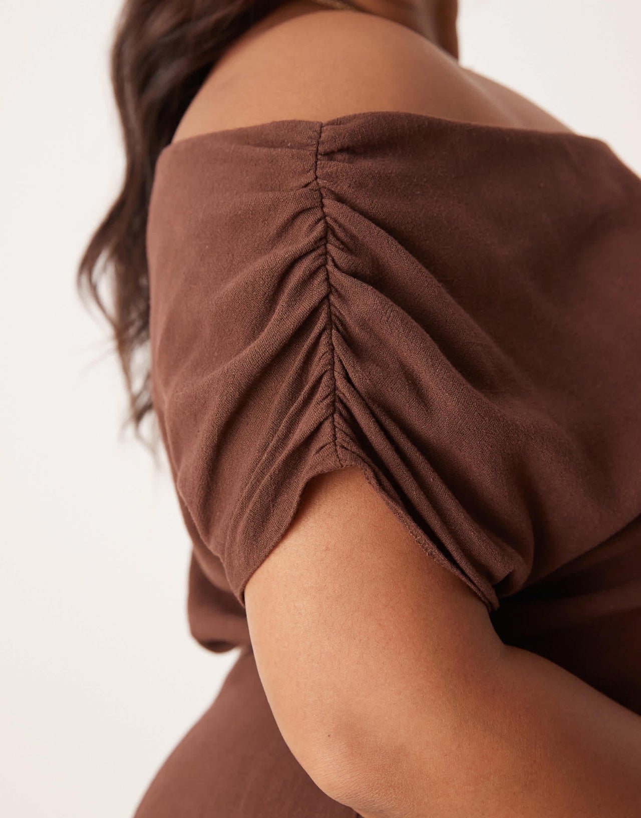 ASOS DESIGN Curve linen fallen twist shoulder wrap skirt detail midi dress in chocolate brown