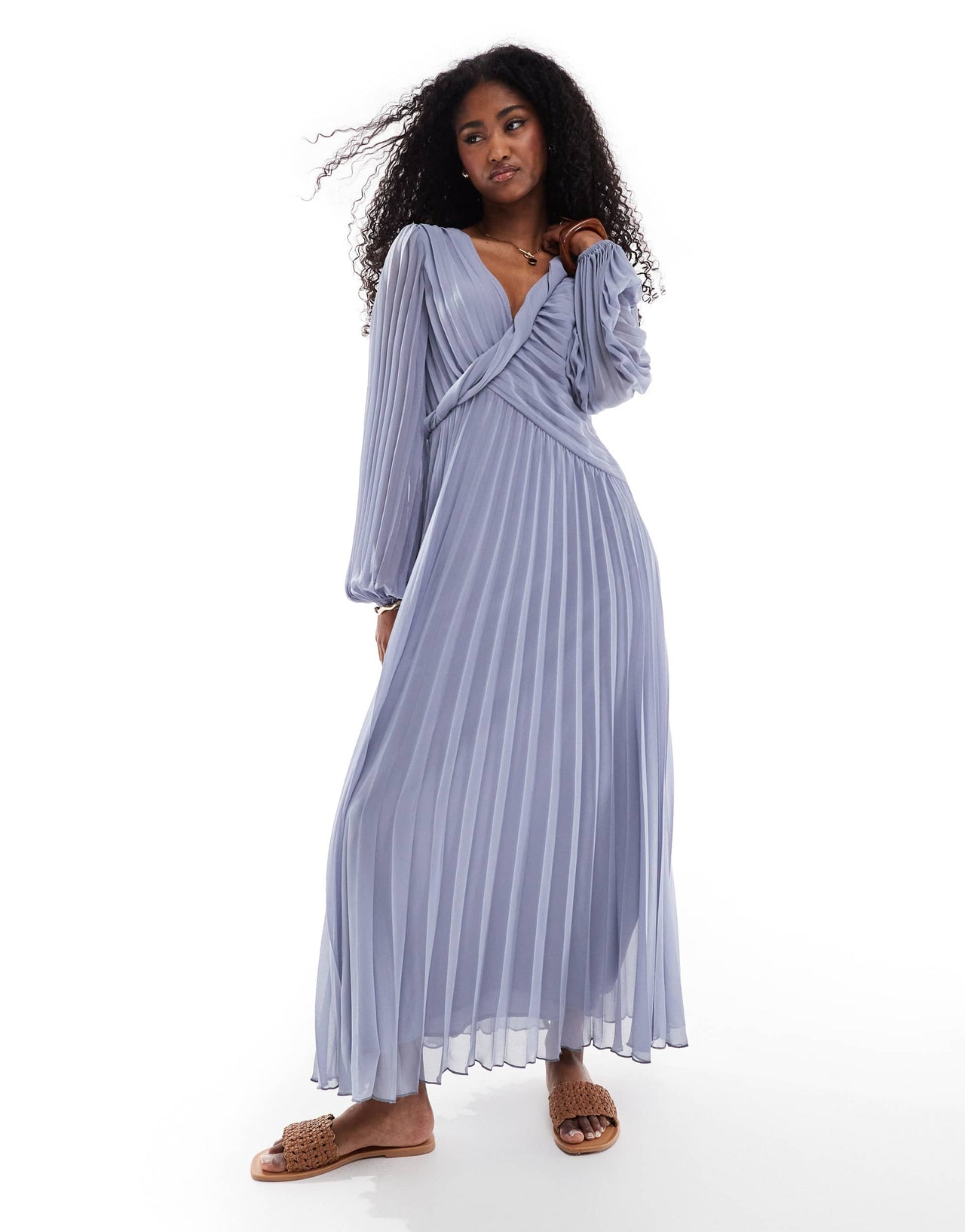 ASOS DESIGN twist detail wrap front pleated midi dress in dusky blue