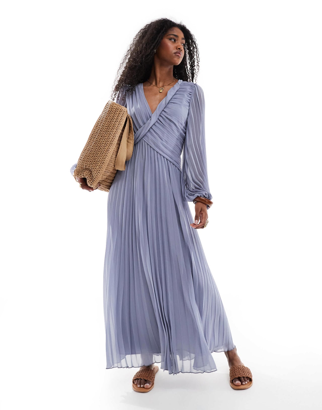 ASOS DESIGN twist detail wrap front pleated midi dress in dusky blue