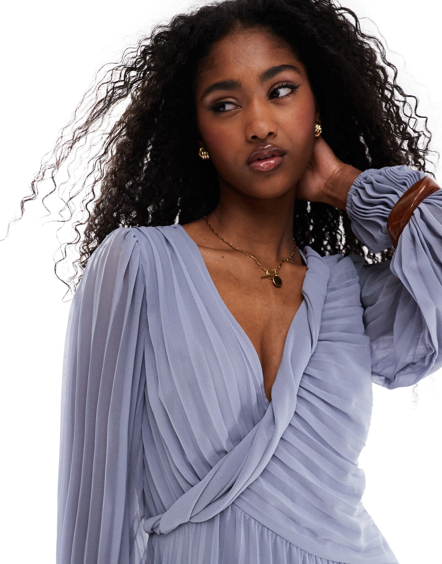 ASOS DESIGN twist detail wrap front pleated midi dress in dusky blue
