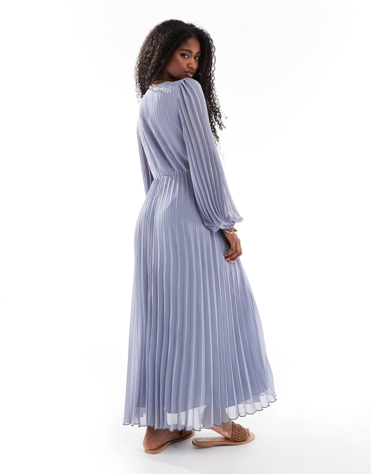 ASOS DESIGN twist detail wrap front pleated midi dress in dusky blue