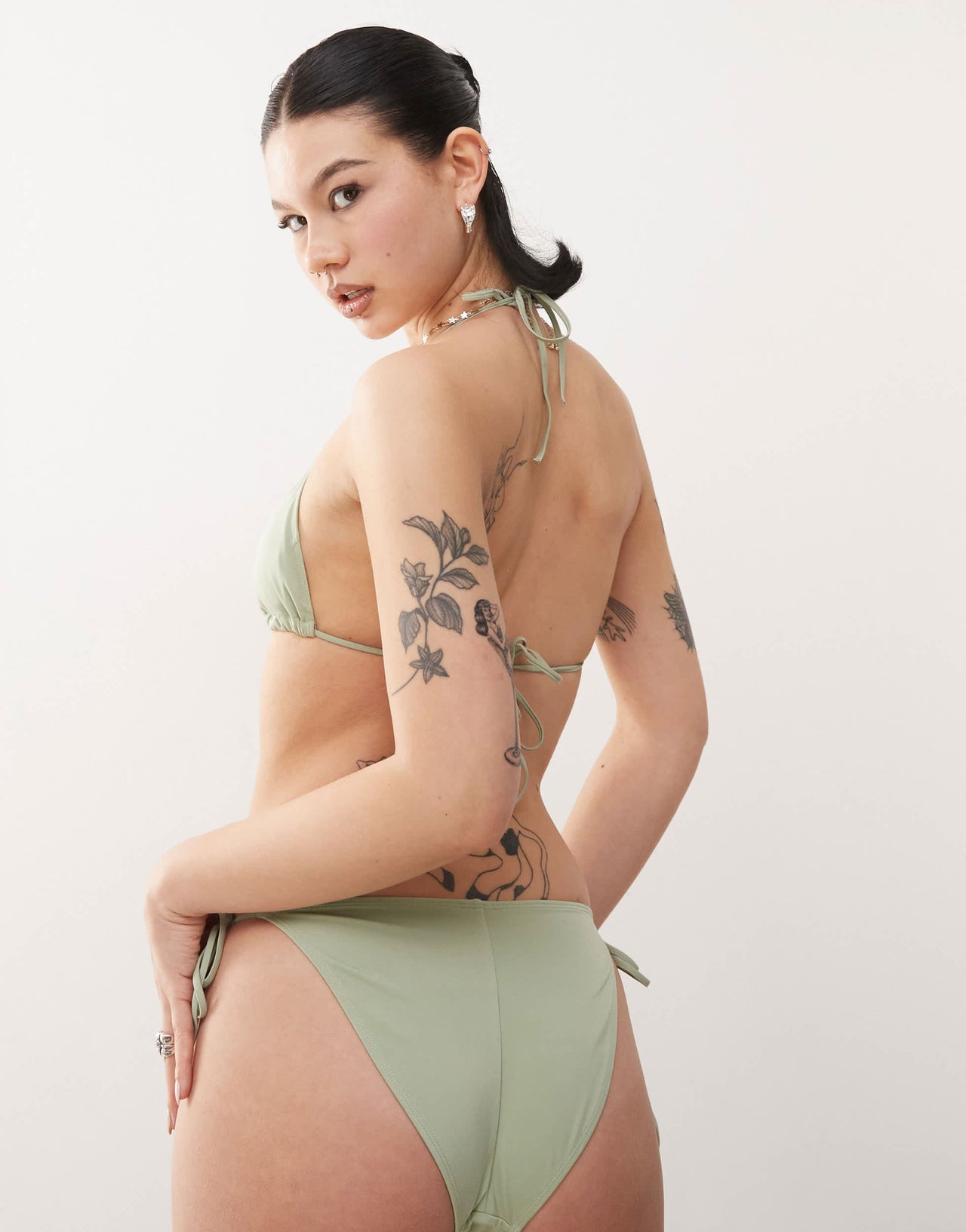 Monki mix and match tie side bikini bottom in sage green
