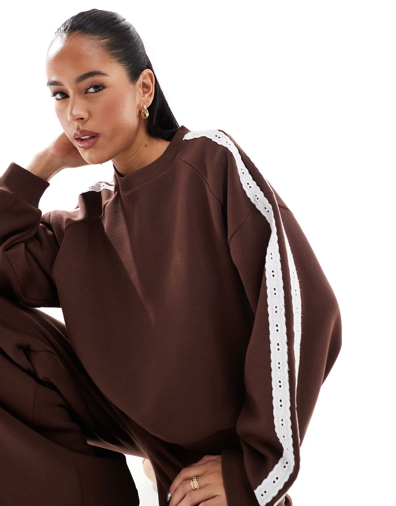 Miss Selfridge premium lace stripe sweatshirt in chocolate