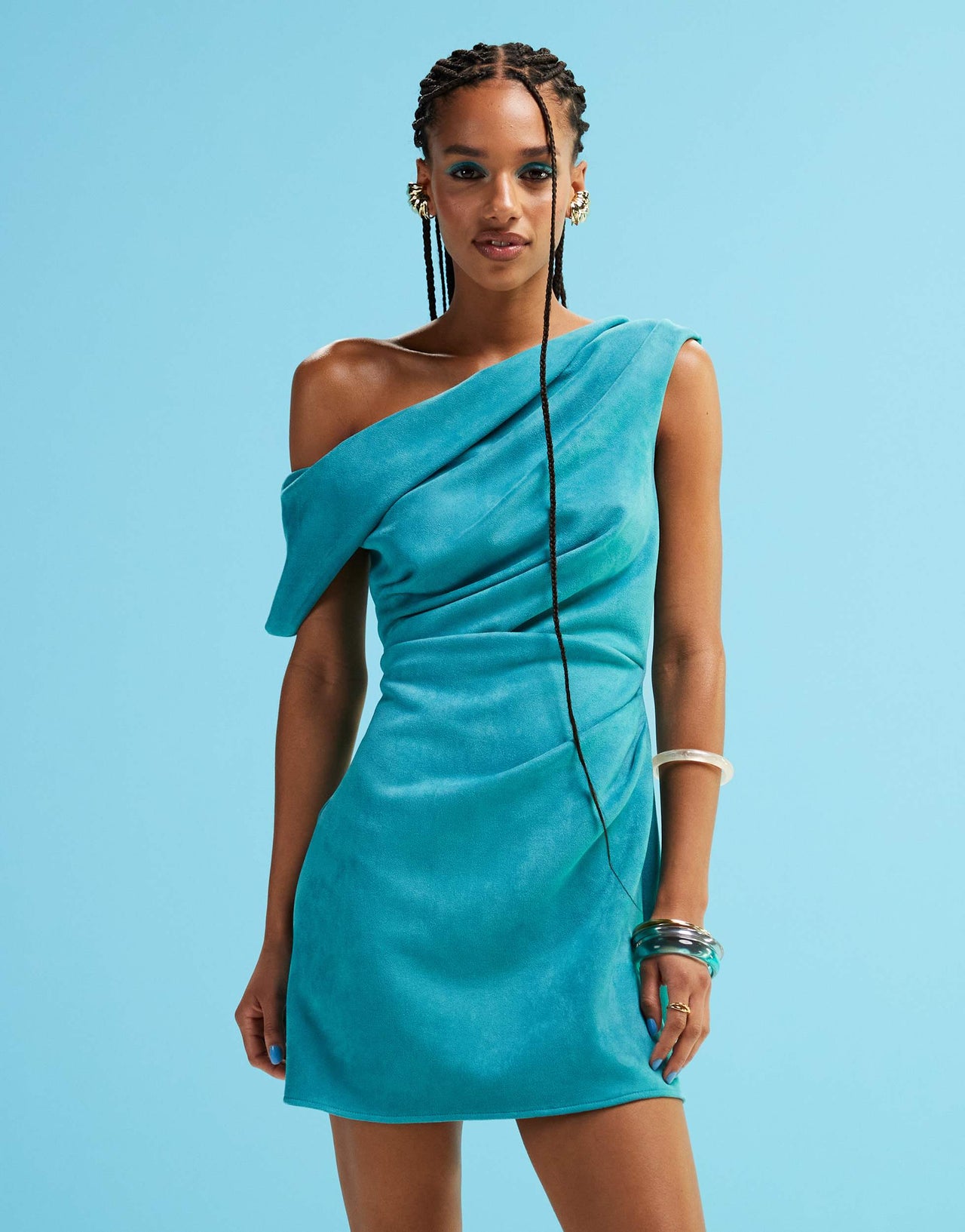 ASOS DESIGN structured off shoulder suede mini dress in bright blue