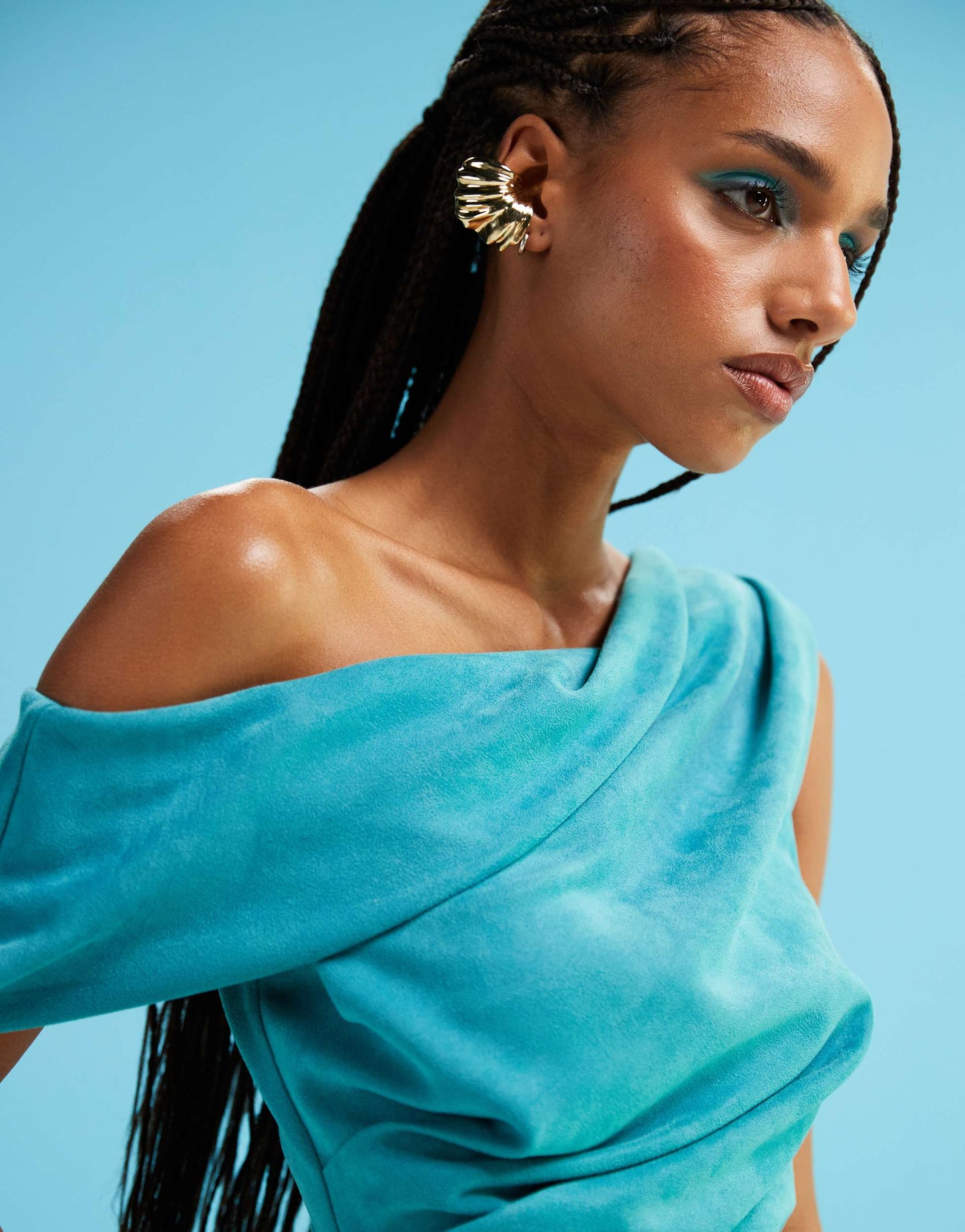 ASOS DESIGN structured off shoulder suede mini dress in bright blue