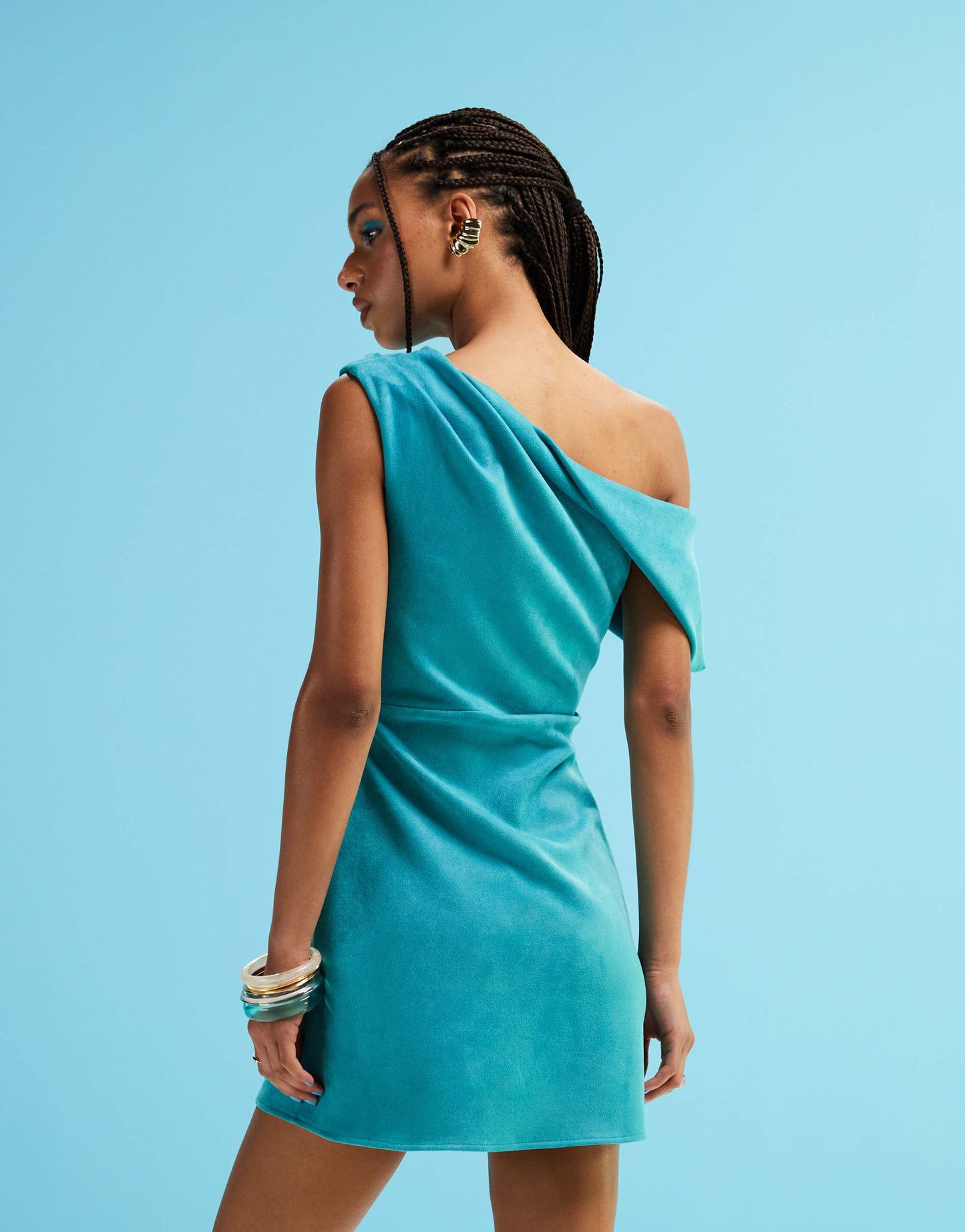 ASOS DESIGN structured off shoulder suede mini dress in bright blue