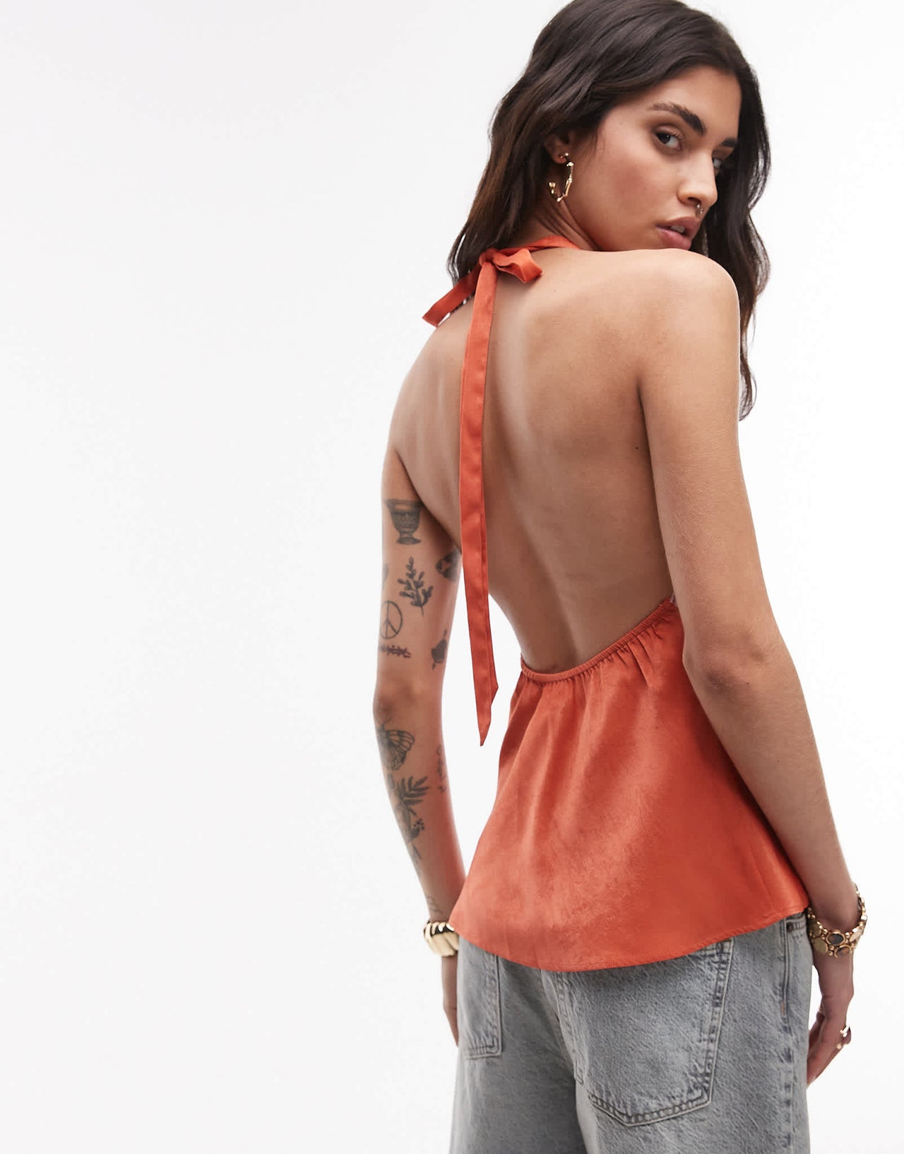 Topshop halterneck top with contrast lace in deep orange