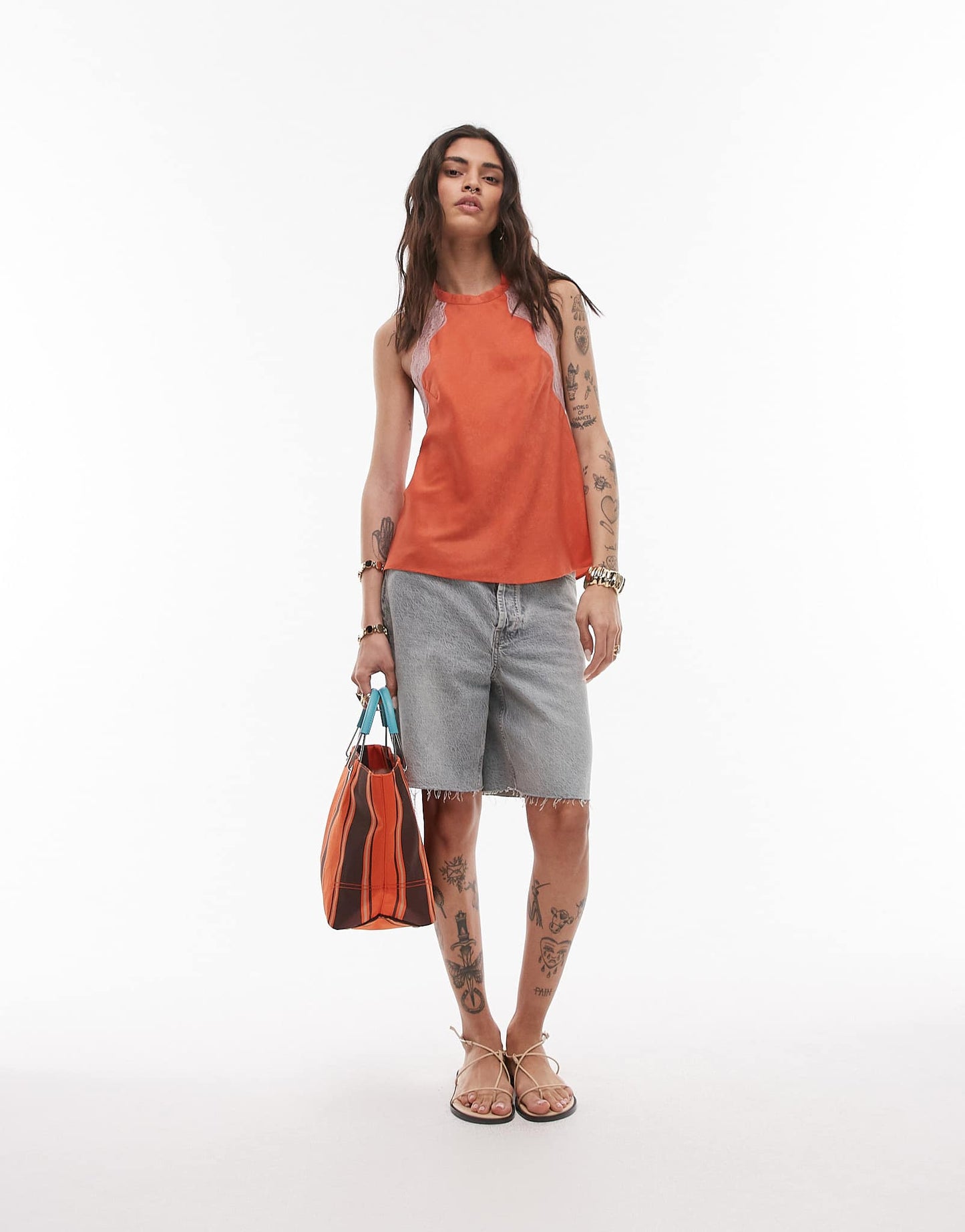 Topshop halterneck top with contrast lace in deep orange