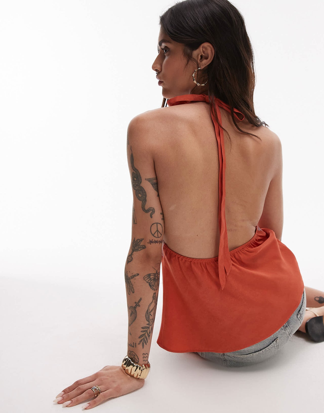 Topshop halterneck top with contrast lace in deep orange