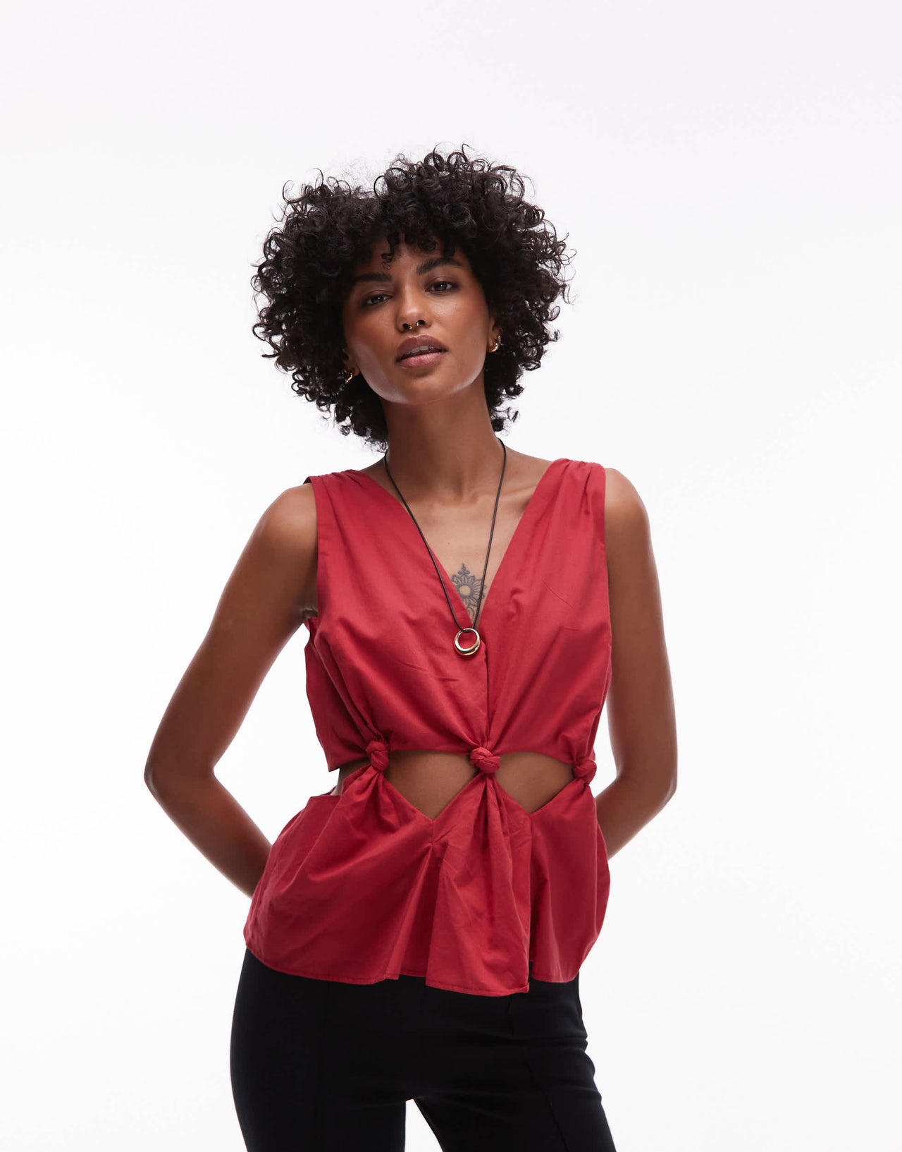Topshop cotton voil sleeveles knot waist top in red